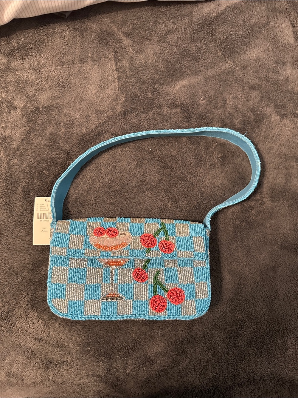 Anthropologie Blue Beaded Cherry Check Shoulder Bag